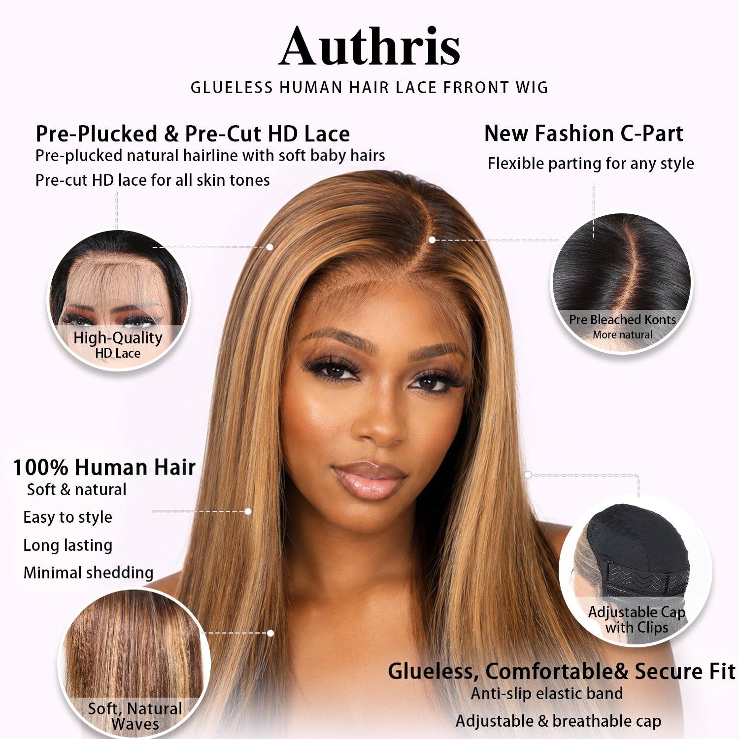 Authris Straight HD Lace Front Human Hair Wig | Blonde Highlights
