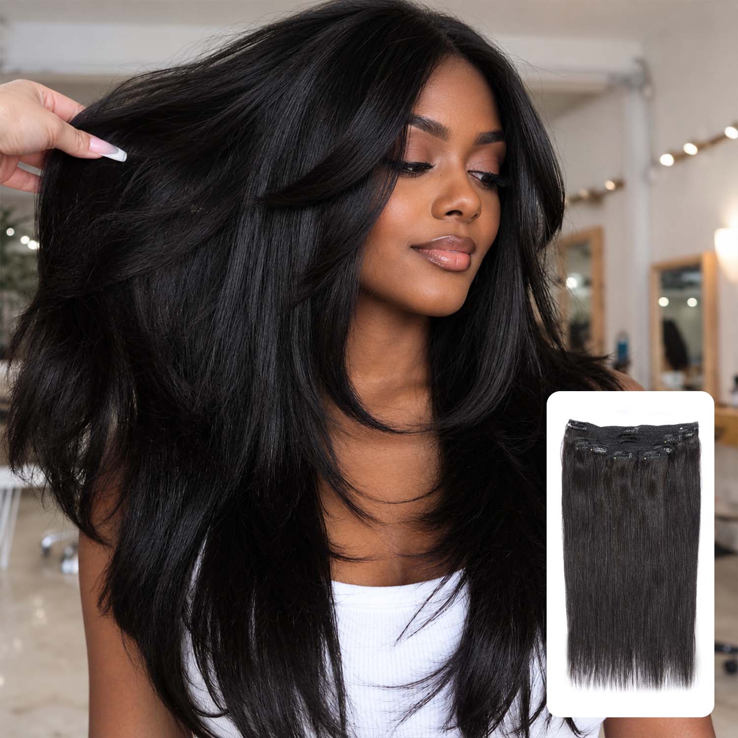 Authris Straight 8-Piece Clip-In Human Hair Extensions | Natural Black