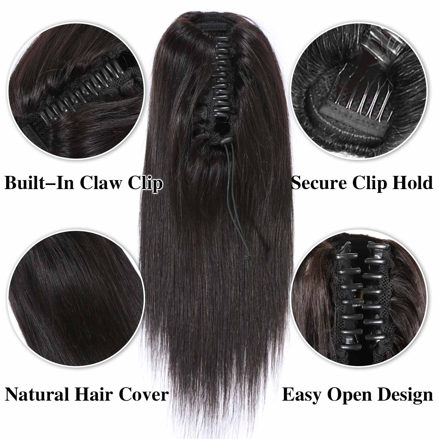 Authris Straight Human Hair Claw Clip Ponytail | Natural Black
