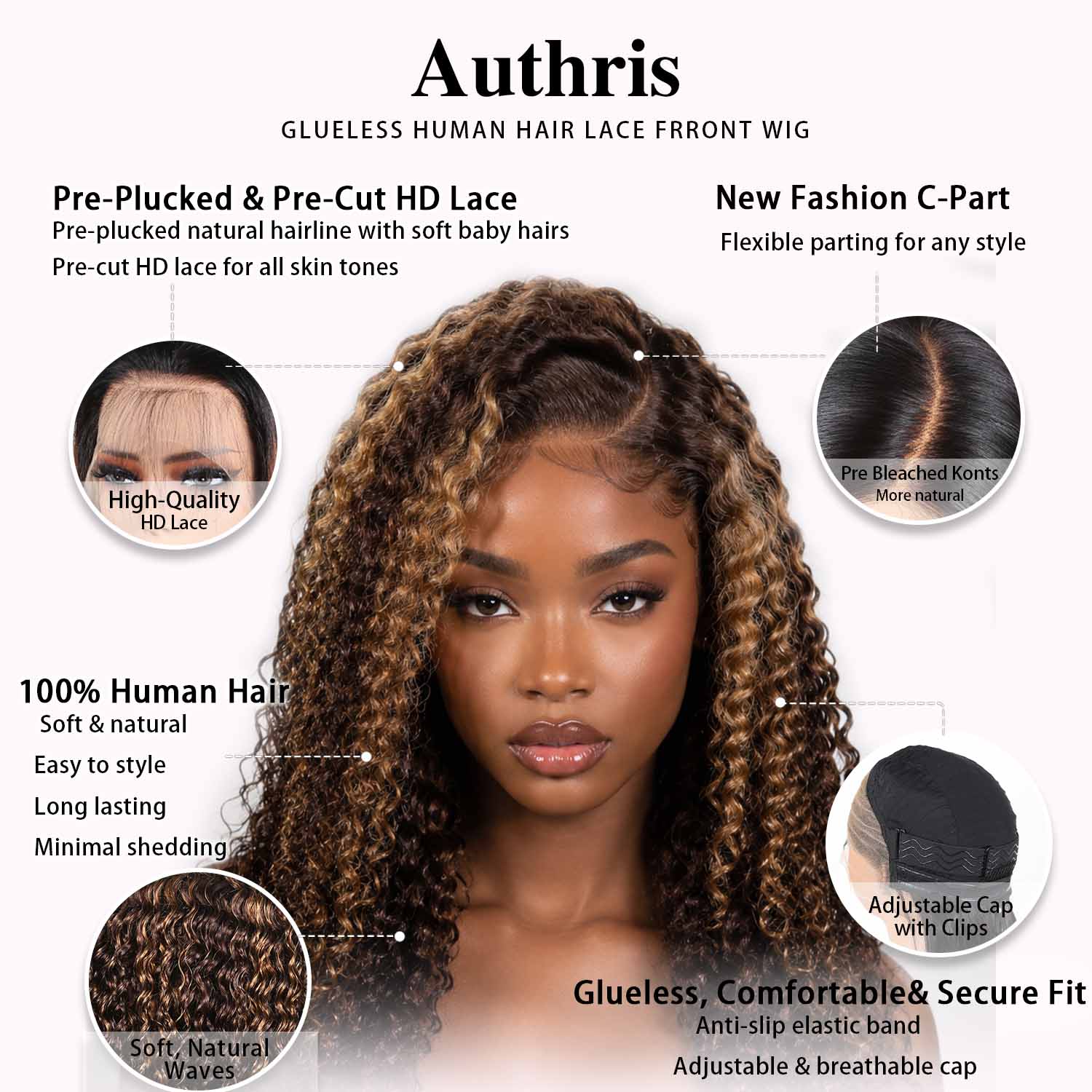 Authris Deep Wave HD Lace Front Human Hair Wig | Blonde Highlights