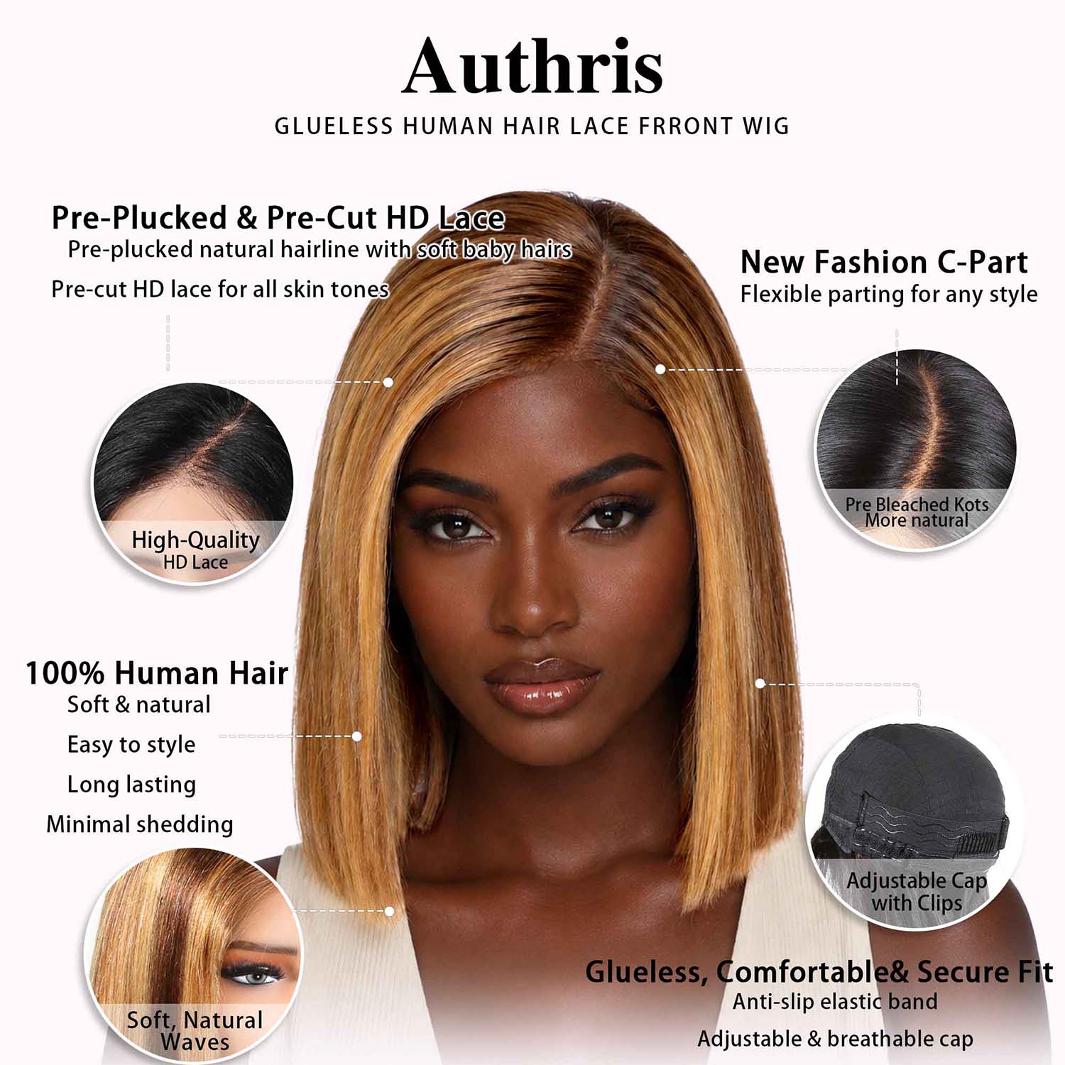 Authris Straight Bob Human Hair Wig | Blonde Highlights