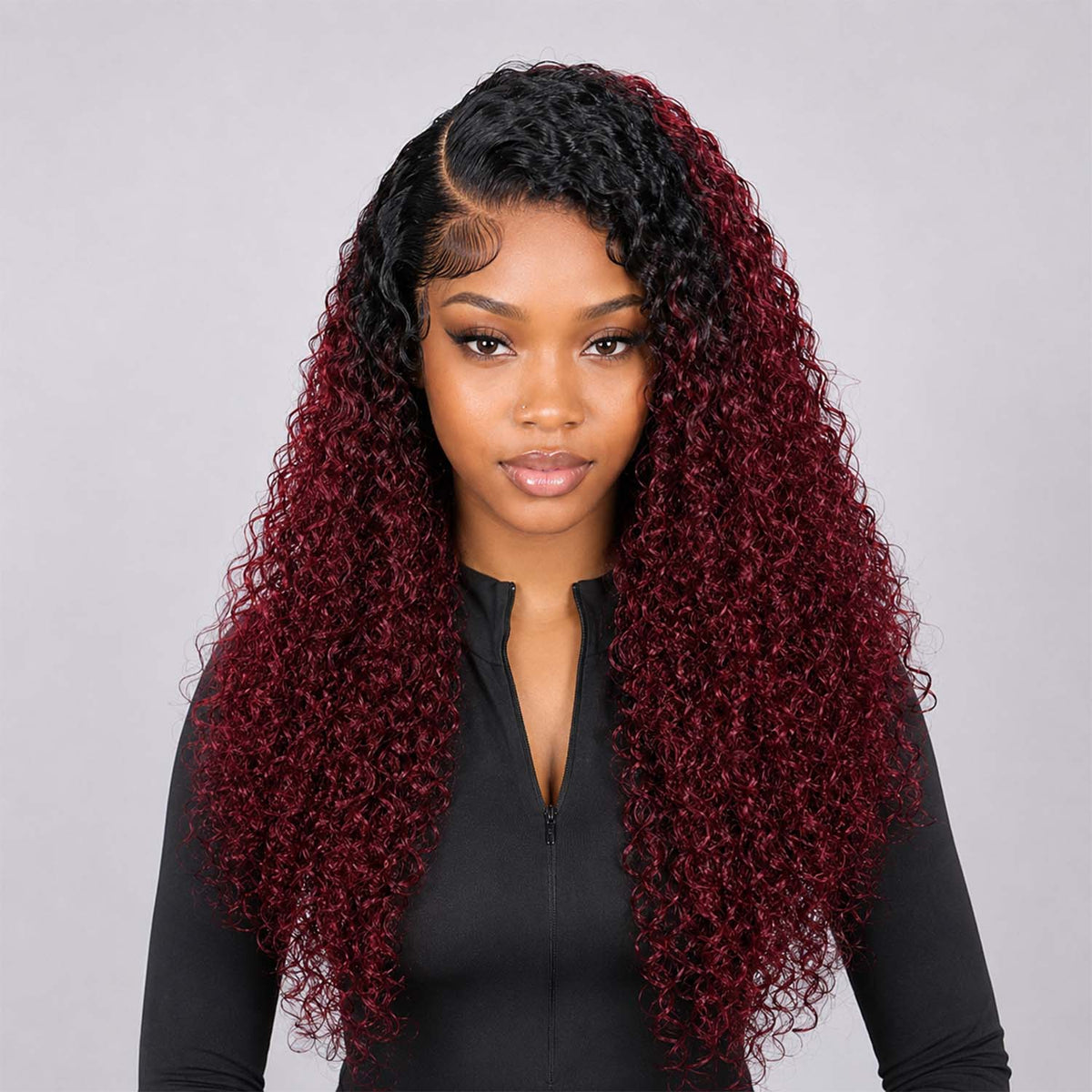 Authris Curly HD Lace Front Human Hair Wig | Burgundy Ombre product photo 2