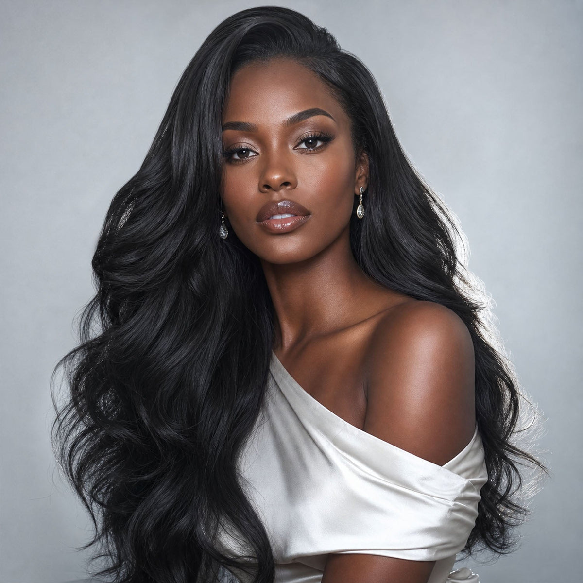 Woman wearing long black waves with a side part against a light background