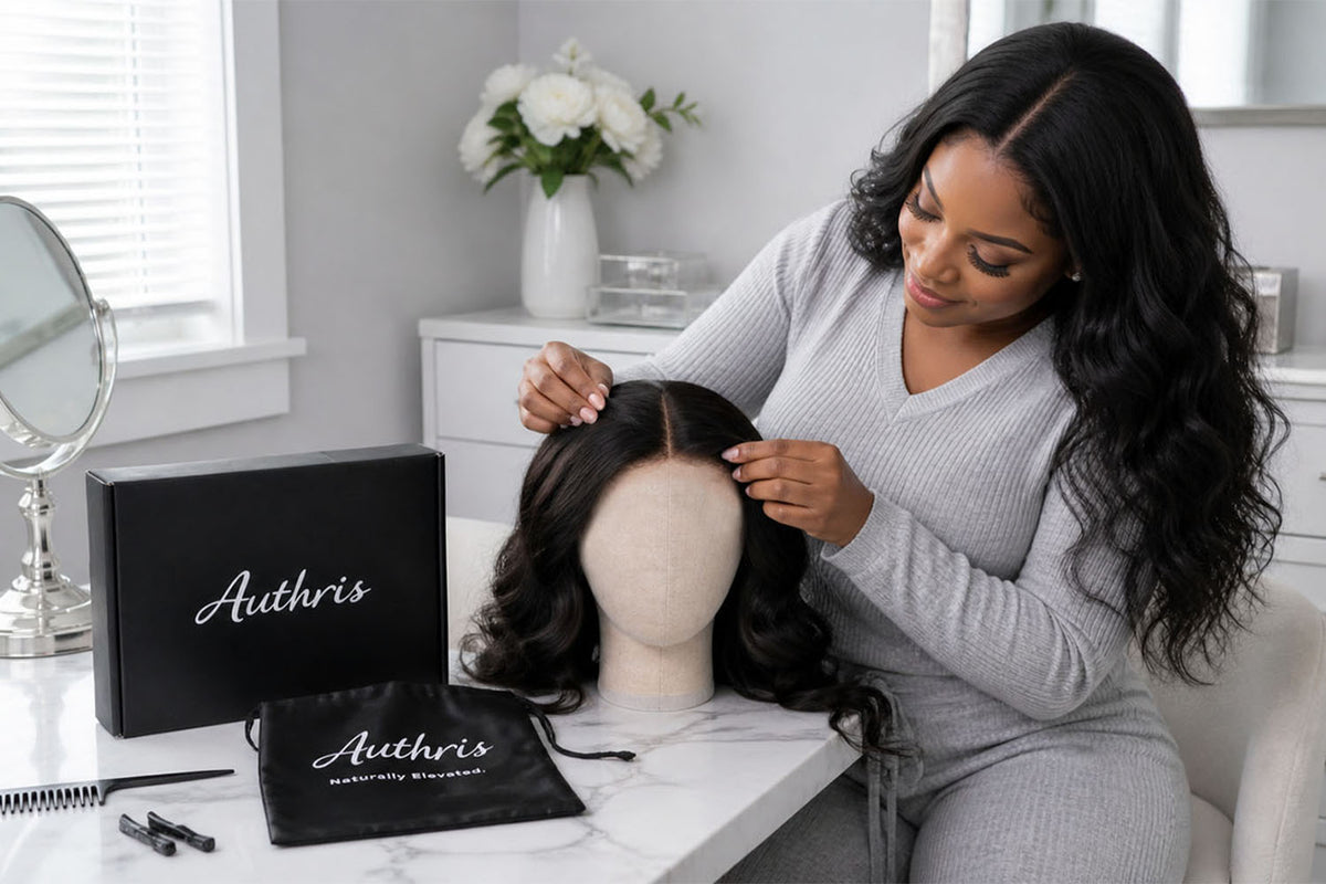 Woman arranging a dark wavy wig on a mannequin head beside an Authris storage bag and box