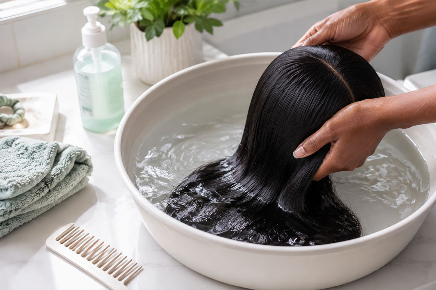 Hands washing a straight black human hair wig in a basin
