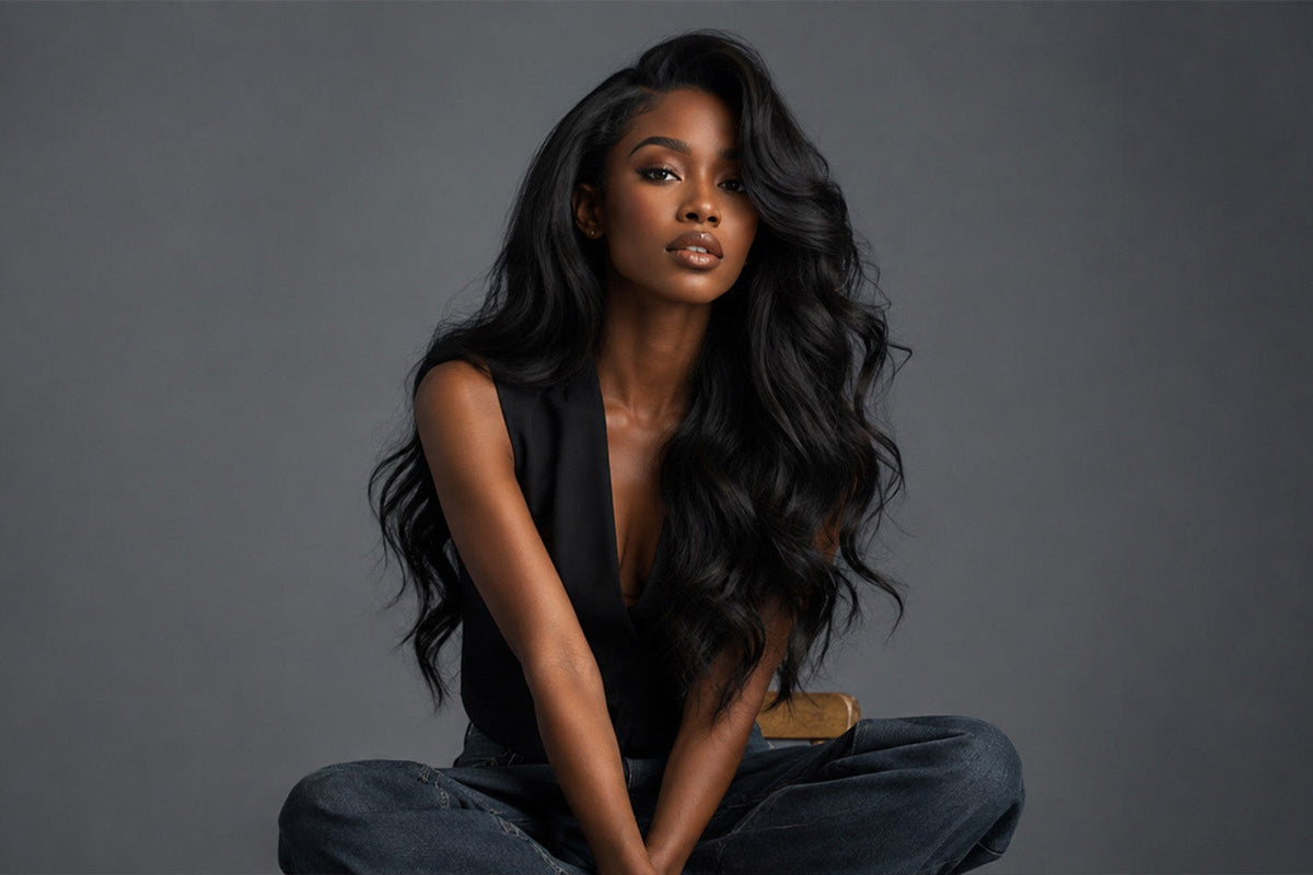 Model wearing long black hair styled in broad waves