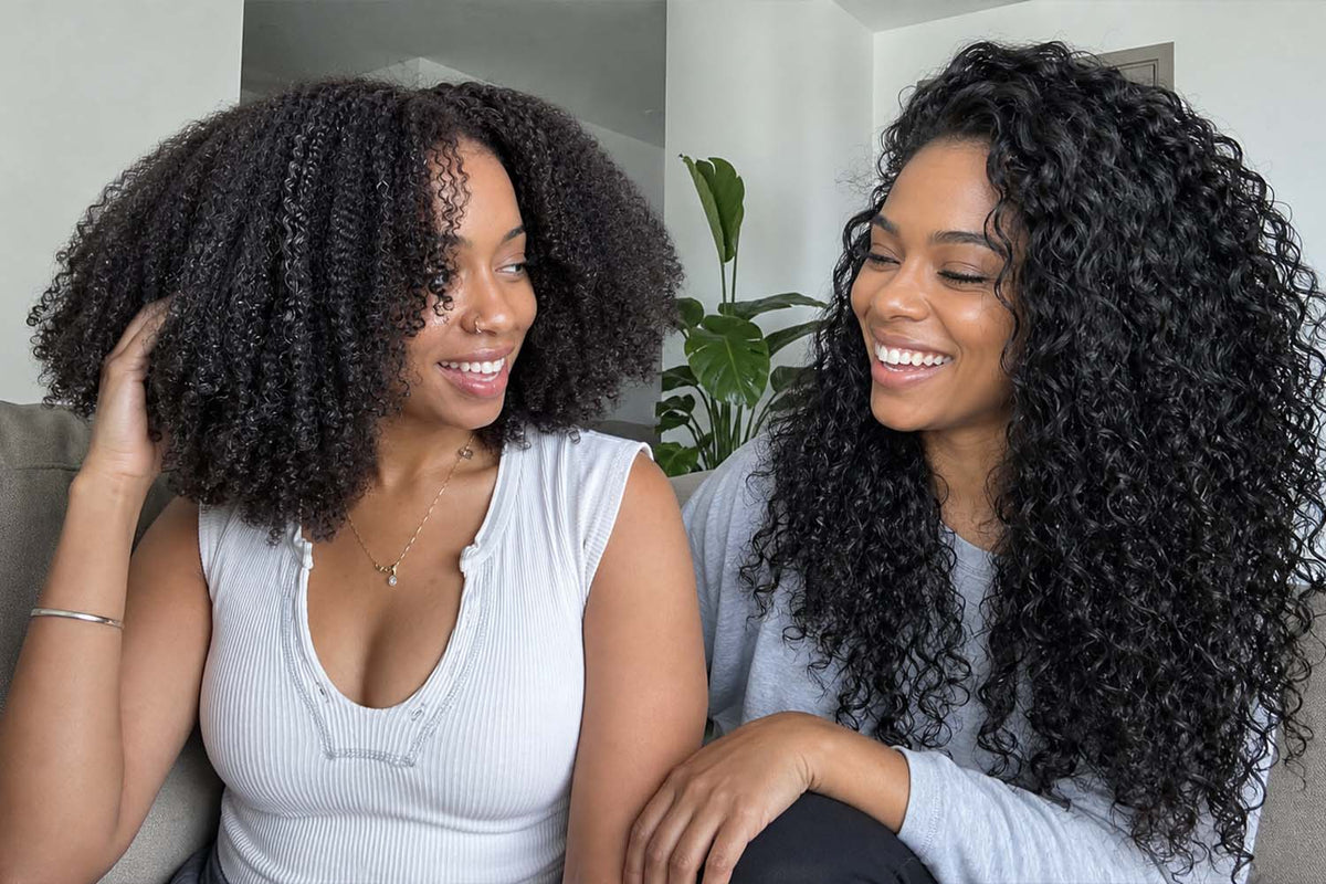 Side-by-side portraits showing compact dark curls on the left and longer defined dark curls on the right