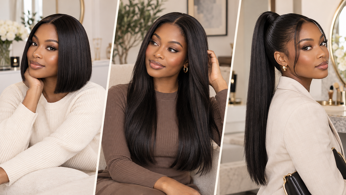 Illustration comparing a bob wig, clip-in lengths and a ponytail
