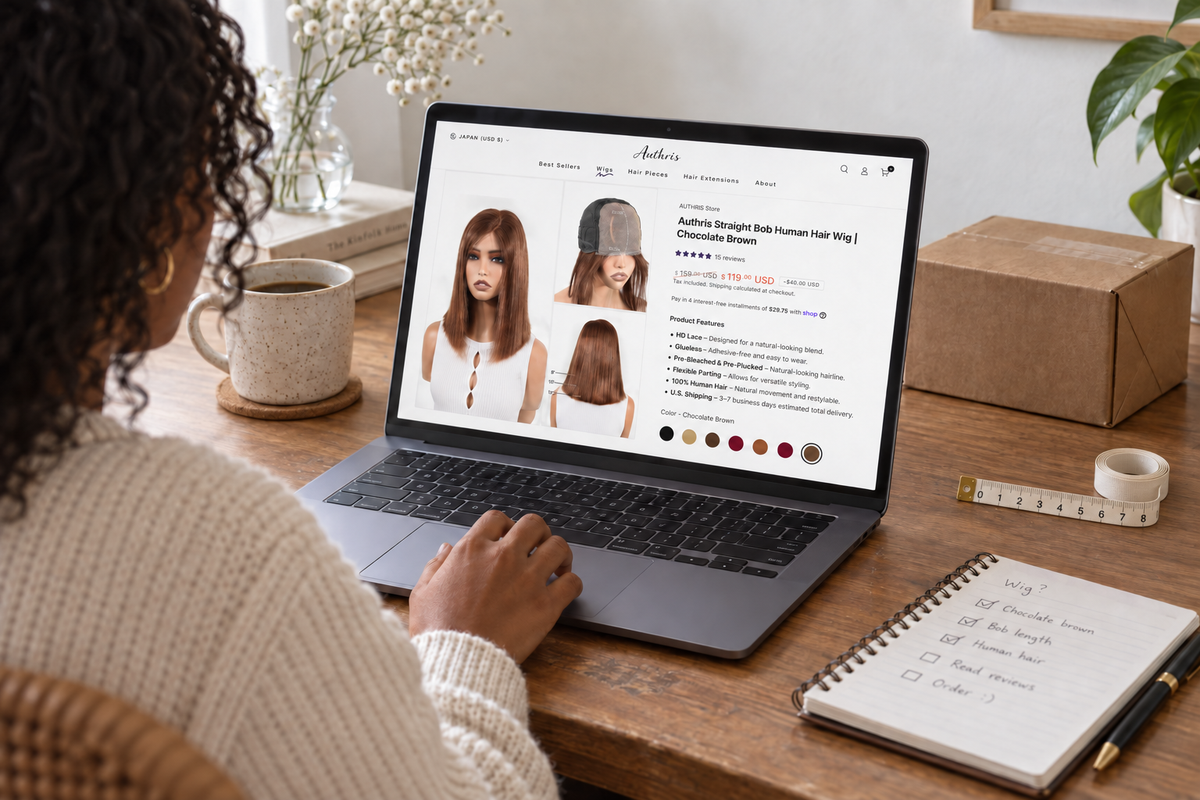 A shopper viewing the Authris Chocolate Brown Bob wig product page on a laptop at home