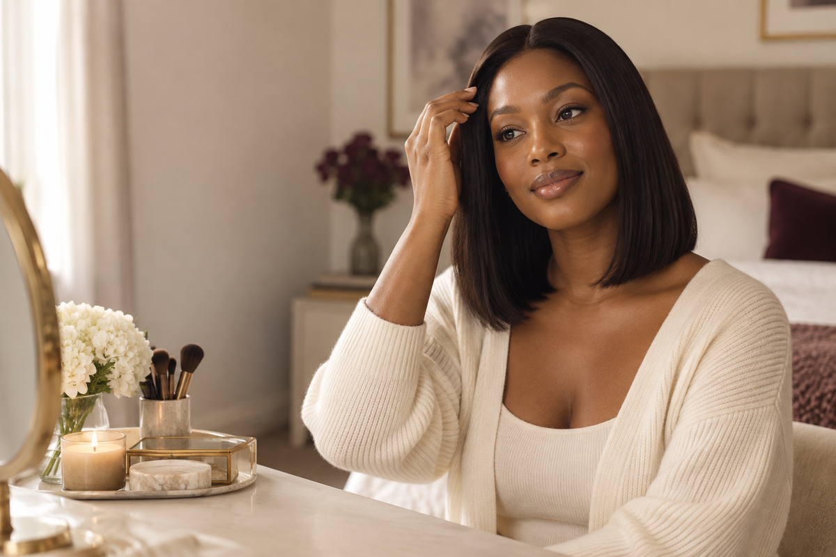 AI-created lifestyle illustration of a woman arranging a simple dark bob at a dressing table.