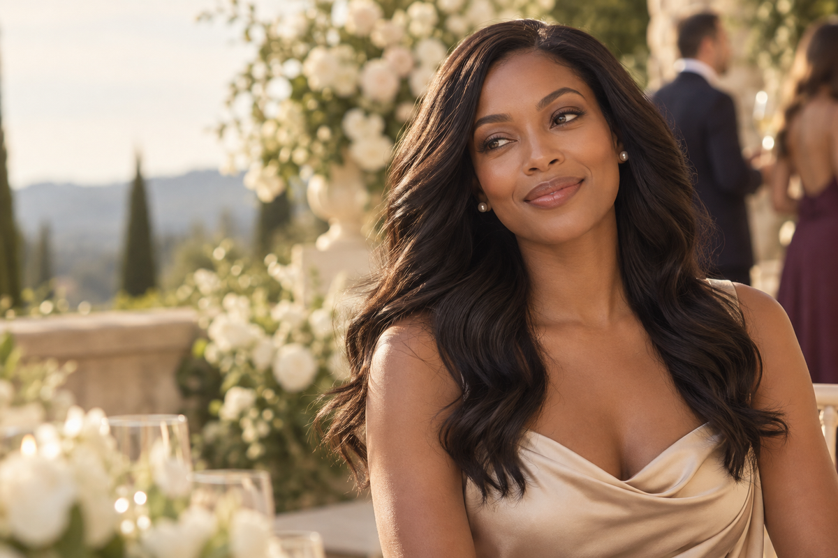 AI-created occasion styling inspiration showing long dark waves at a celebration.