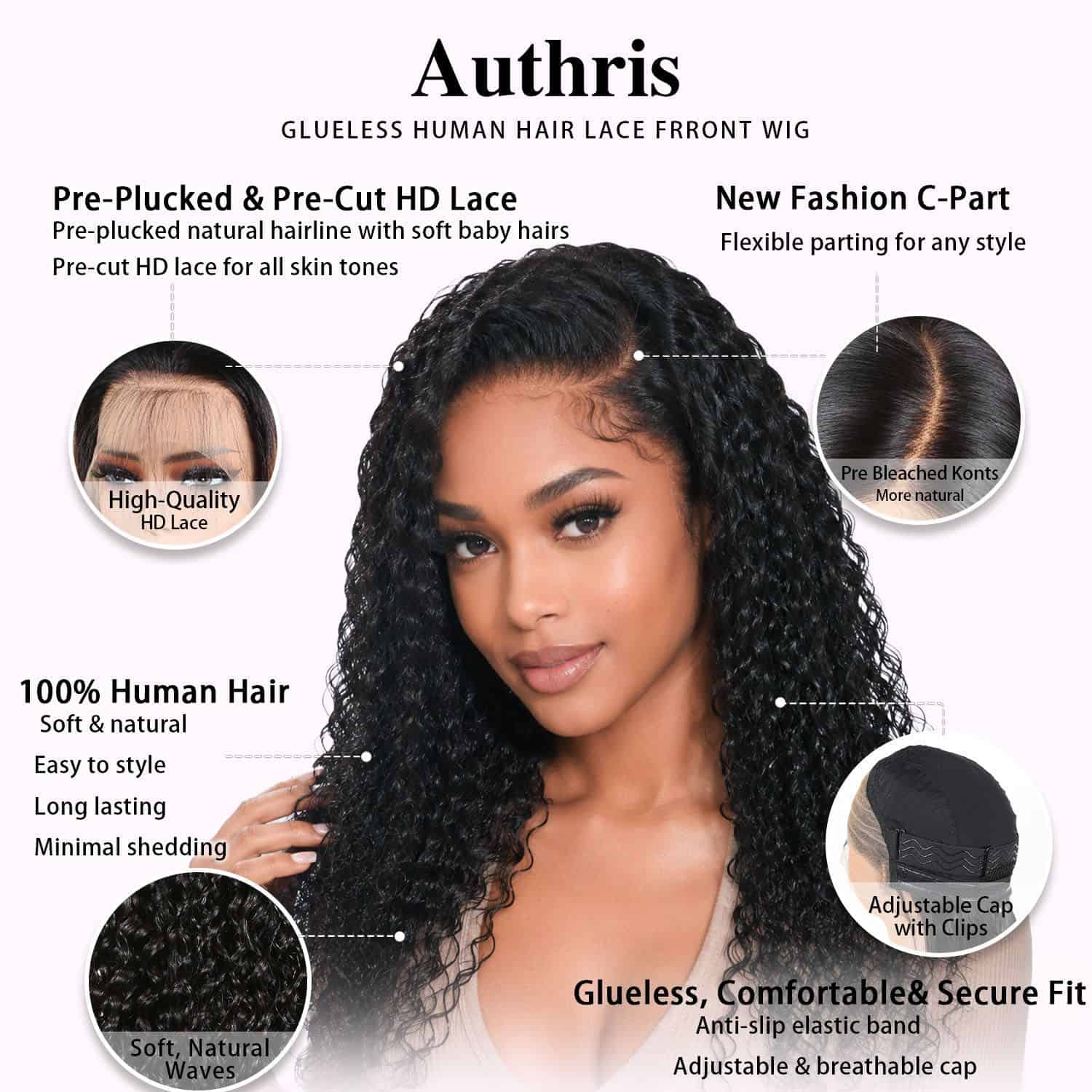 Authris Deep Wave HD Lace Front Human Hair Wig | Natural Black