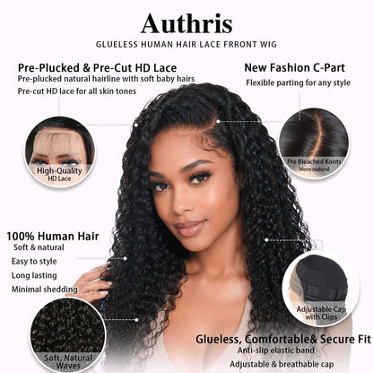 Authris Deep Wave HD Lace Front Human Hair Wig | Natural Black