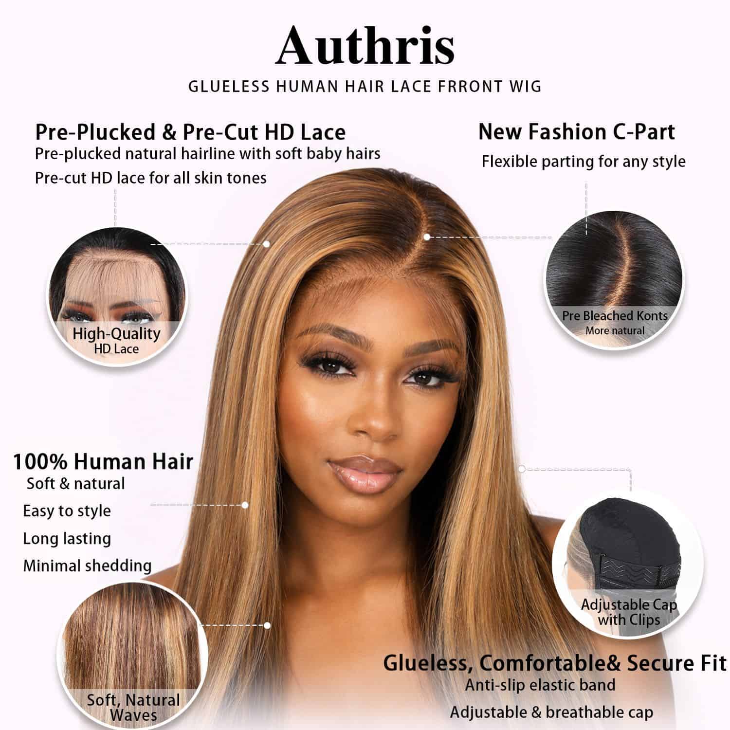 Authris Straight HD Lace Front Human Hair Wig | Blonde Highlights