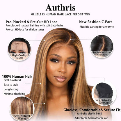 Authris Straight HD Lace Front Human Hair Wig | Blonde Highlights