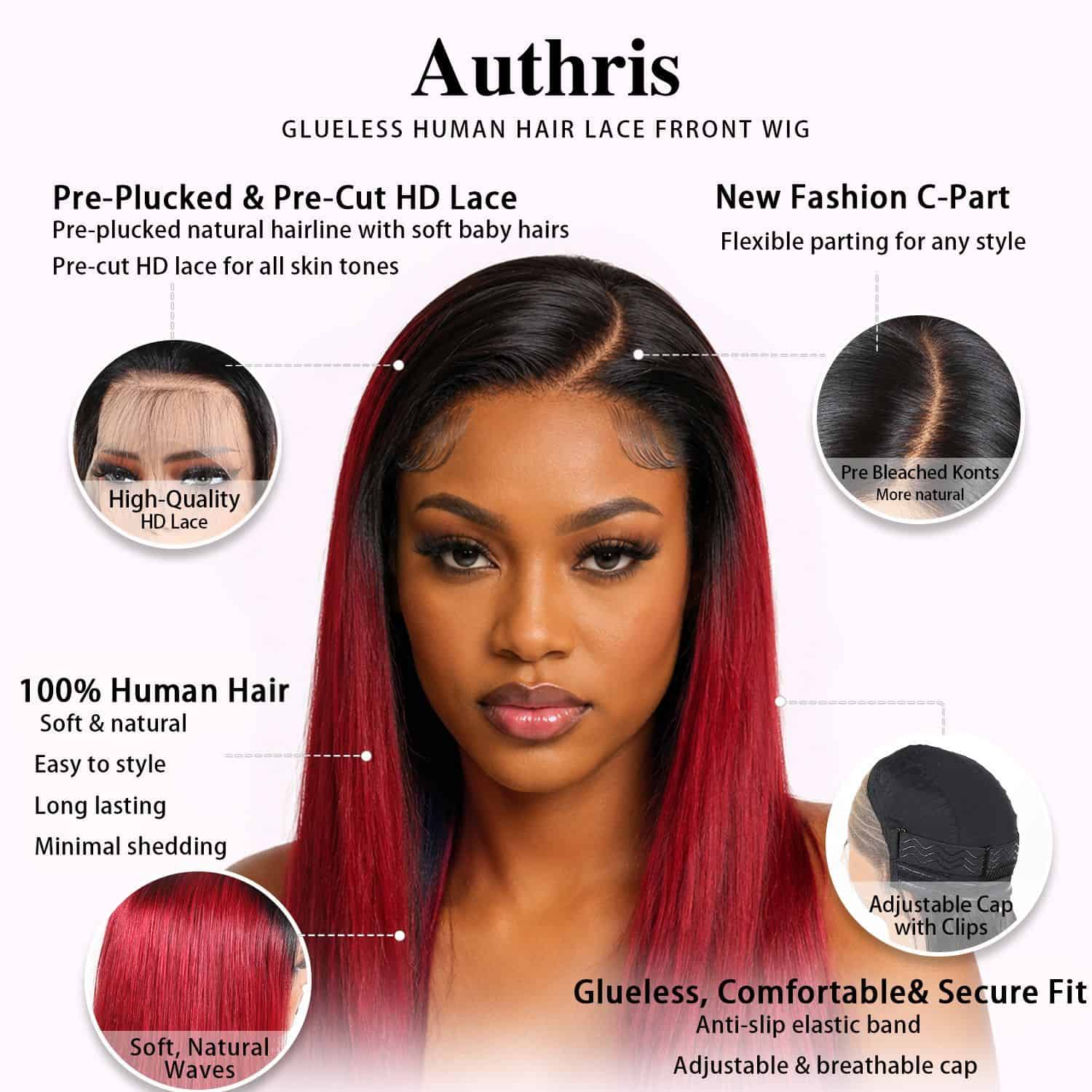 Authris Straight HD Lace Front Human Hair Wig | Burgundy Ombre