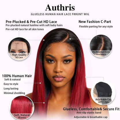 Authris Straight HD Lace Front Human Hair Wig | Burgundy Ombre