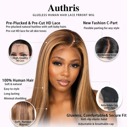 Authris Straight HD Lace Front Human Hair Wig | Blonde Highlights