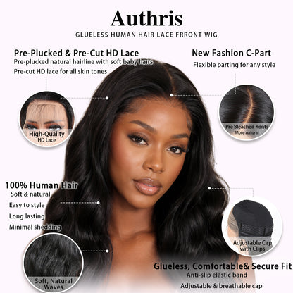 Authris Body Wave HD Lace Front Human Hair Wig | Natural Black
