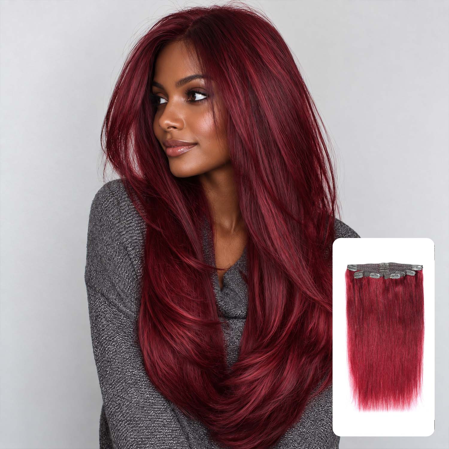 Authris Straight 8-Piece Clip-In Human Hair Extensions | Burgundy