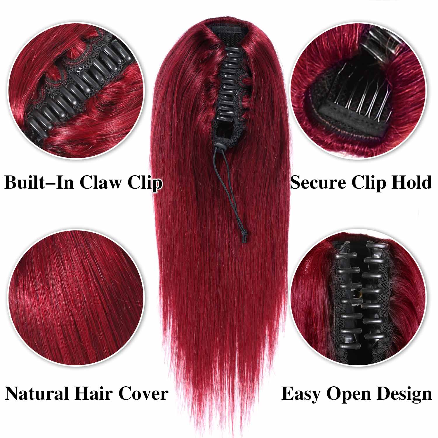 Authris Straight Human Hair Claw Clip Ponytail | Burgundy