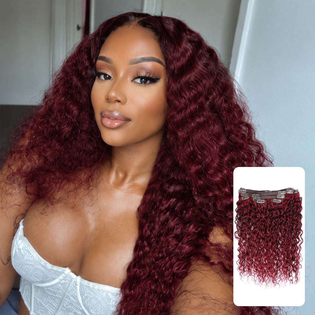 Authris Deep Wave 8-Piece Clip-In Human Hair Extensions | Burgundy