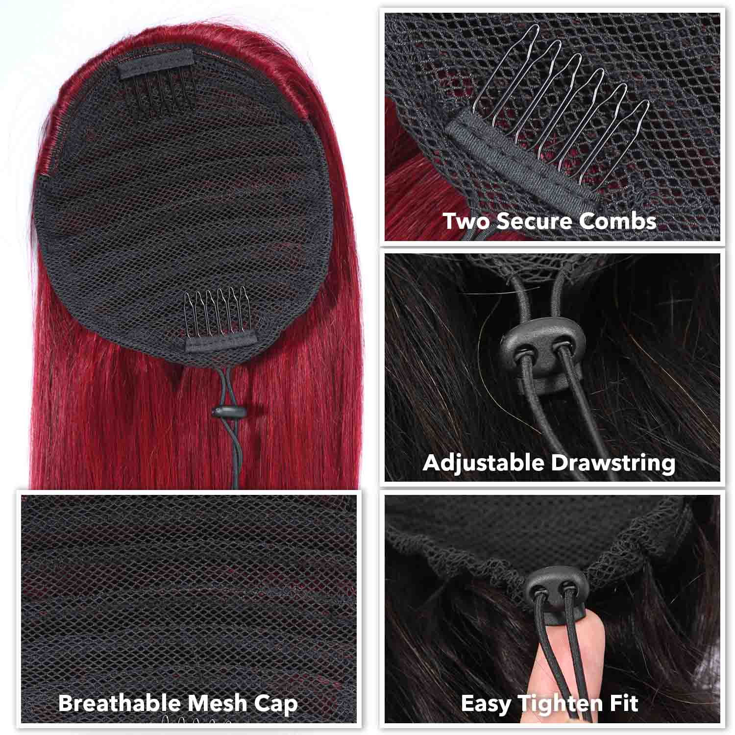 Authris Straight Human Hair Drawstring Ponytail | Burgundy