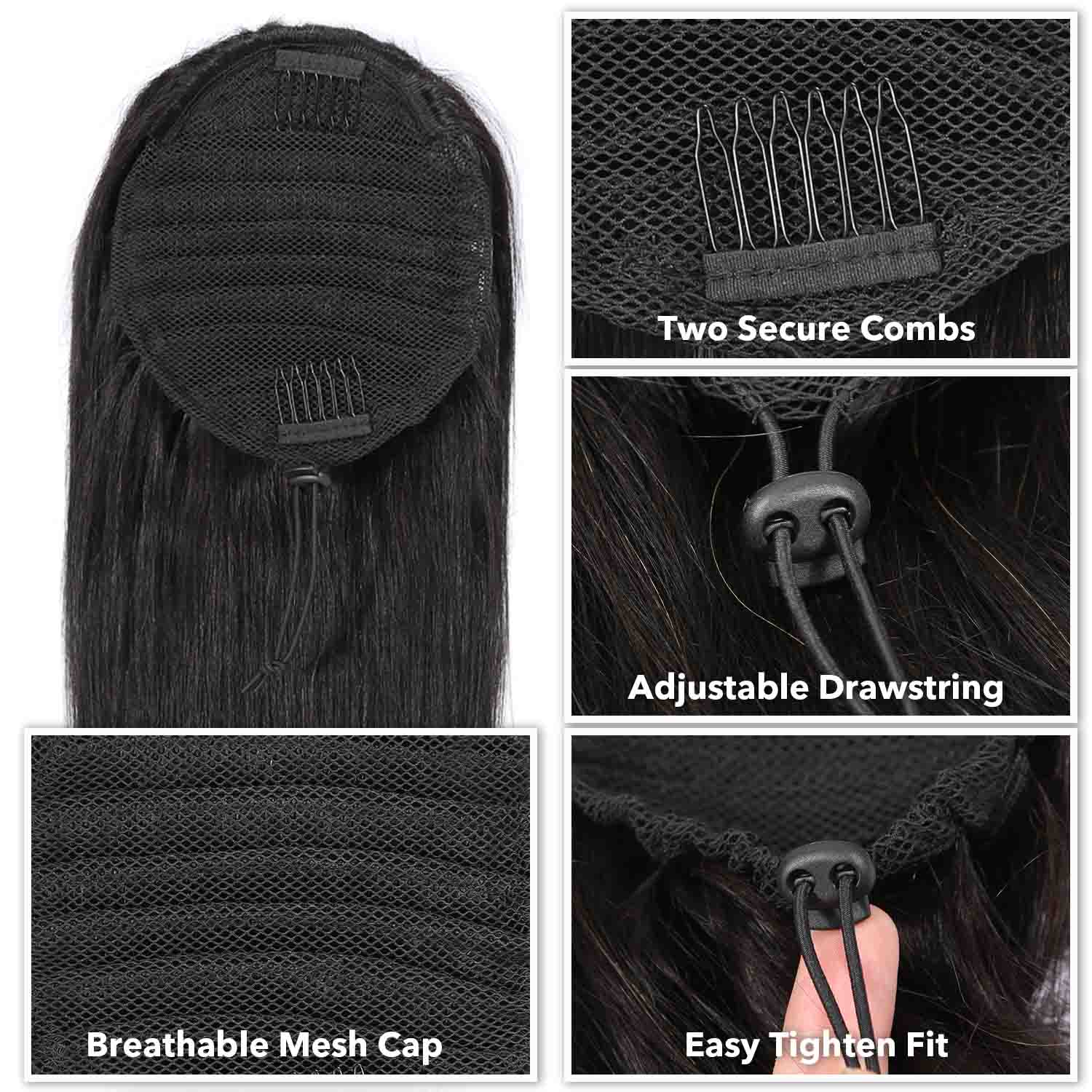 Authris Straight Human Hair Drawstring Ponytail | Natural Black