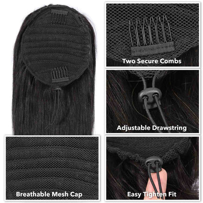 Authris Straight Human Hair Drawstring Ponytail | Natural Black