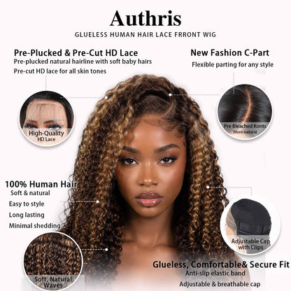 Authris Deep Wave HD Lace Front Human Hair Wig | Blonde Highlights