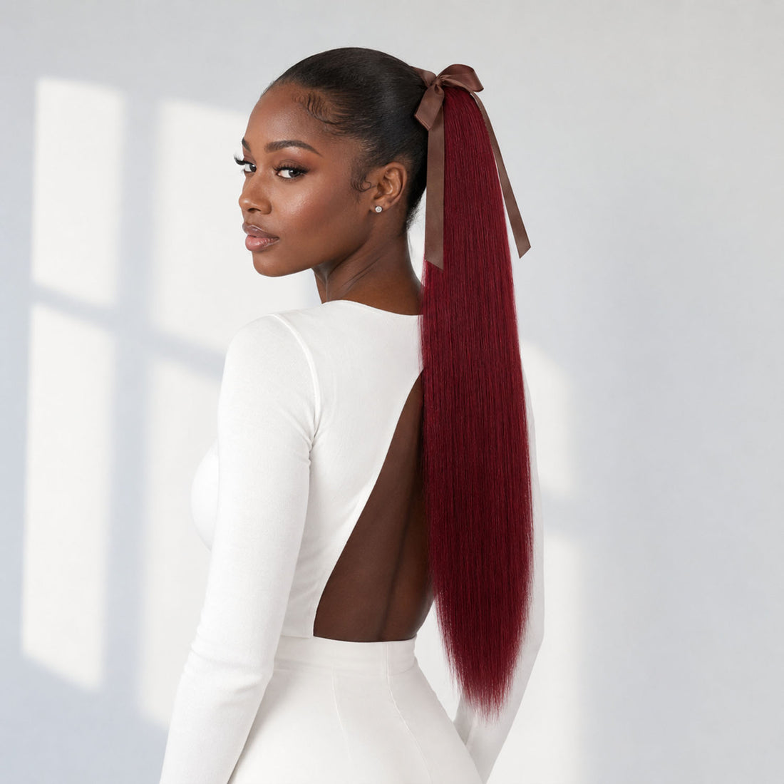Authris Straight Human Hair Ribbon Ponytail | Burgundy