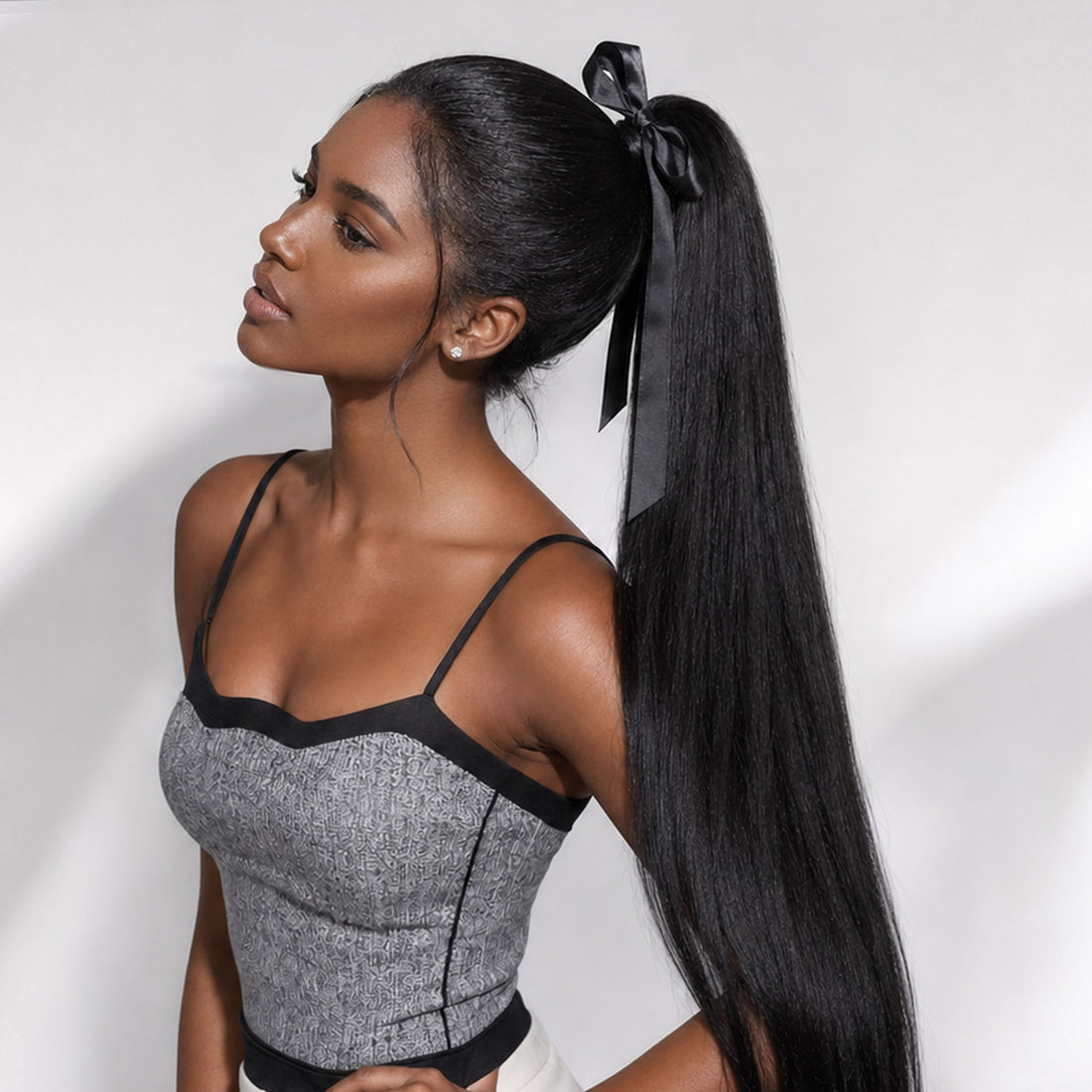 Authris Straight Human Hair Ribbon Ponytail | Natural Black