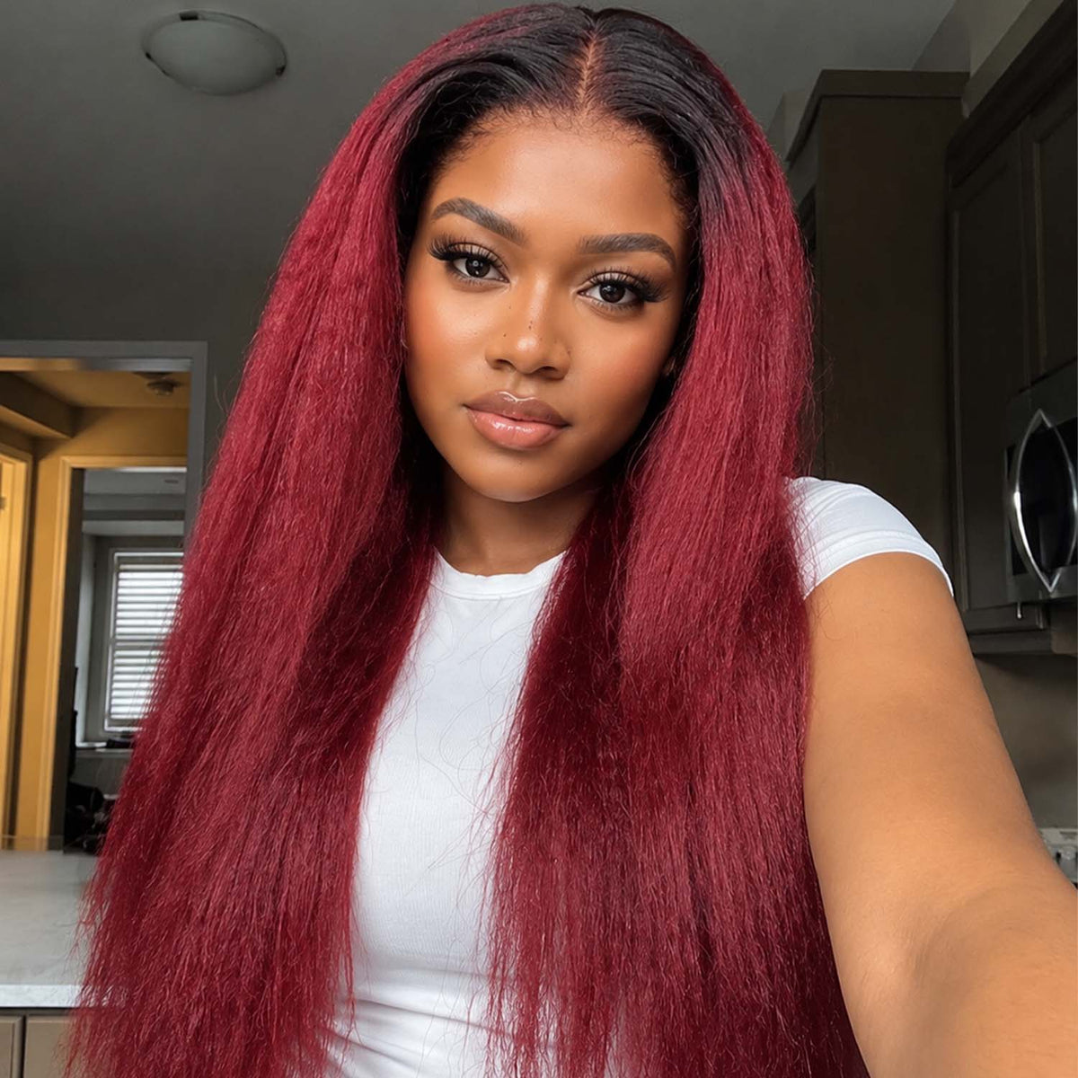 Authris Kinky Straight HD Lace Front Human Hair Wig | Burgundy Ombre