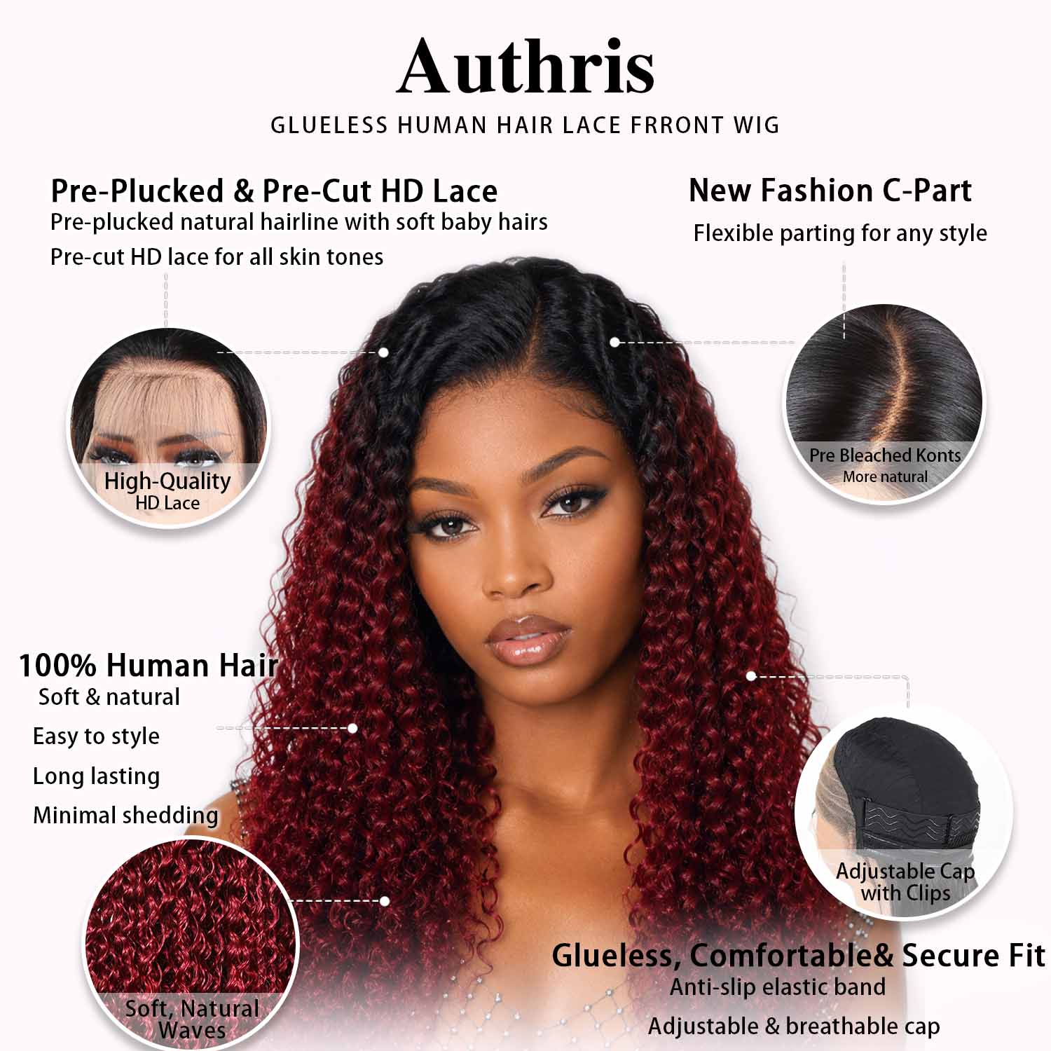 Authris Deep Wave HD Lace Front Human Hair Wig | Burgundy Ombre