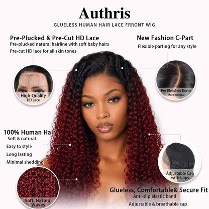 Authris Deep Wave HD Lace Front Human Hair Wig | Burgundy Ombre