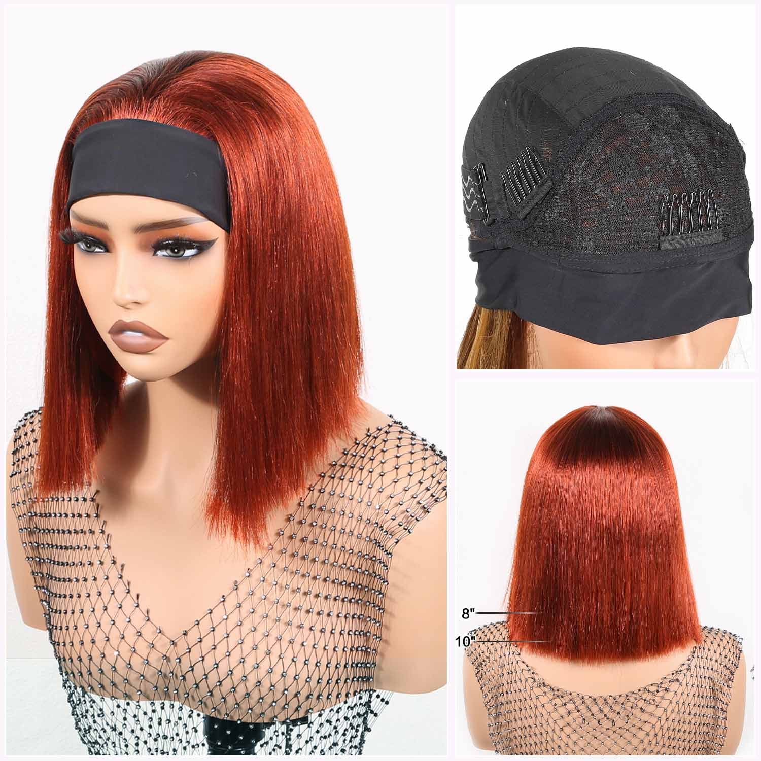 Authris Straight Headband Bob Human Hair Wig | Auburn Brown
