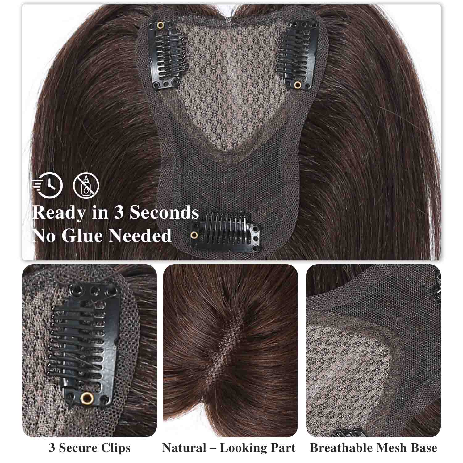 Authris Straight Heart-shaped middle parting Hair Topper for women | Chocolate Brown