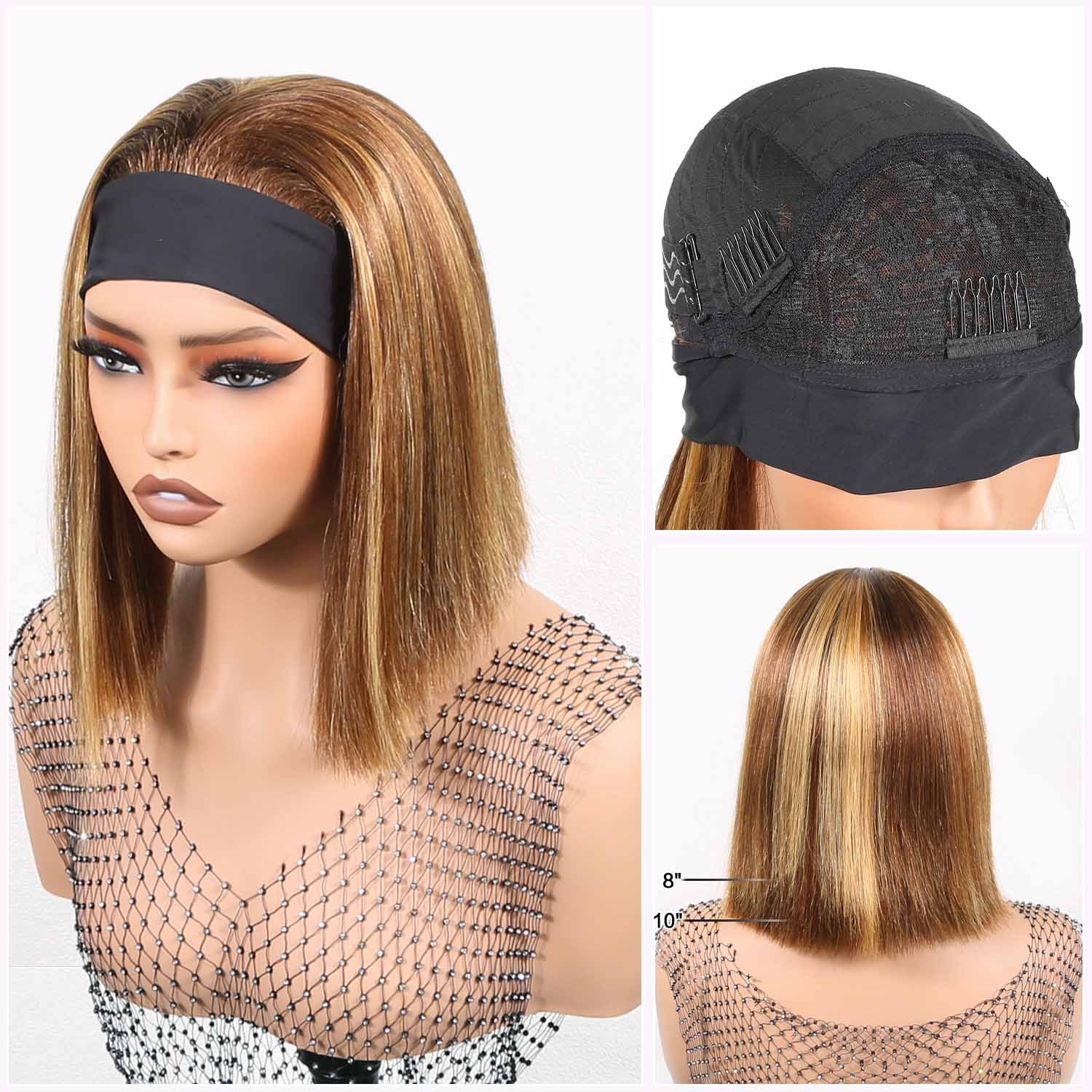 Authris Straight Headband Bob Human Hair Wig | Blonde Highlights