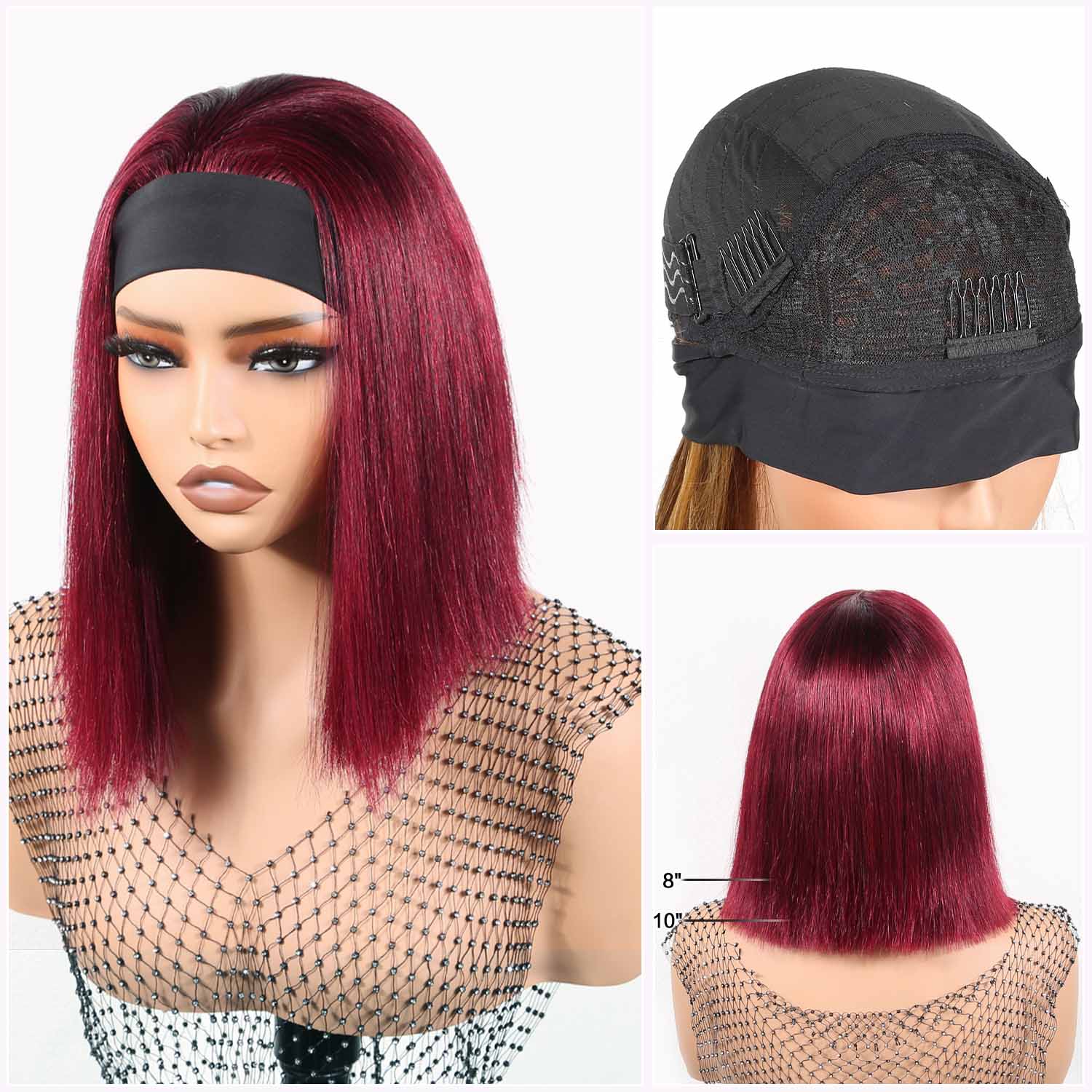 Authris Straight Headband Bob Human Hair Wig | Burgundy