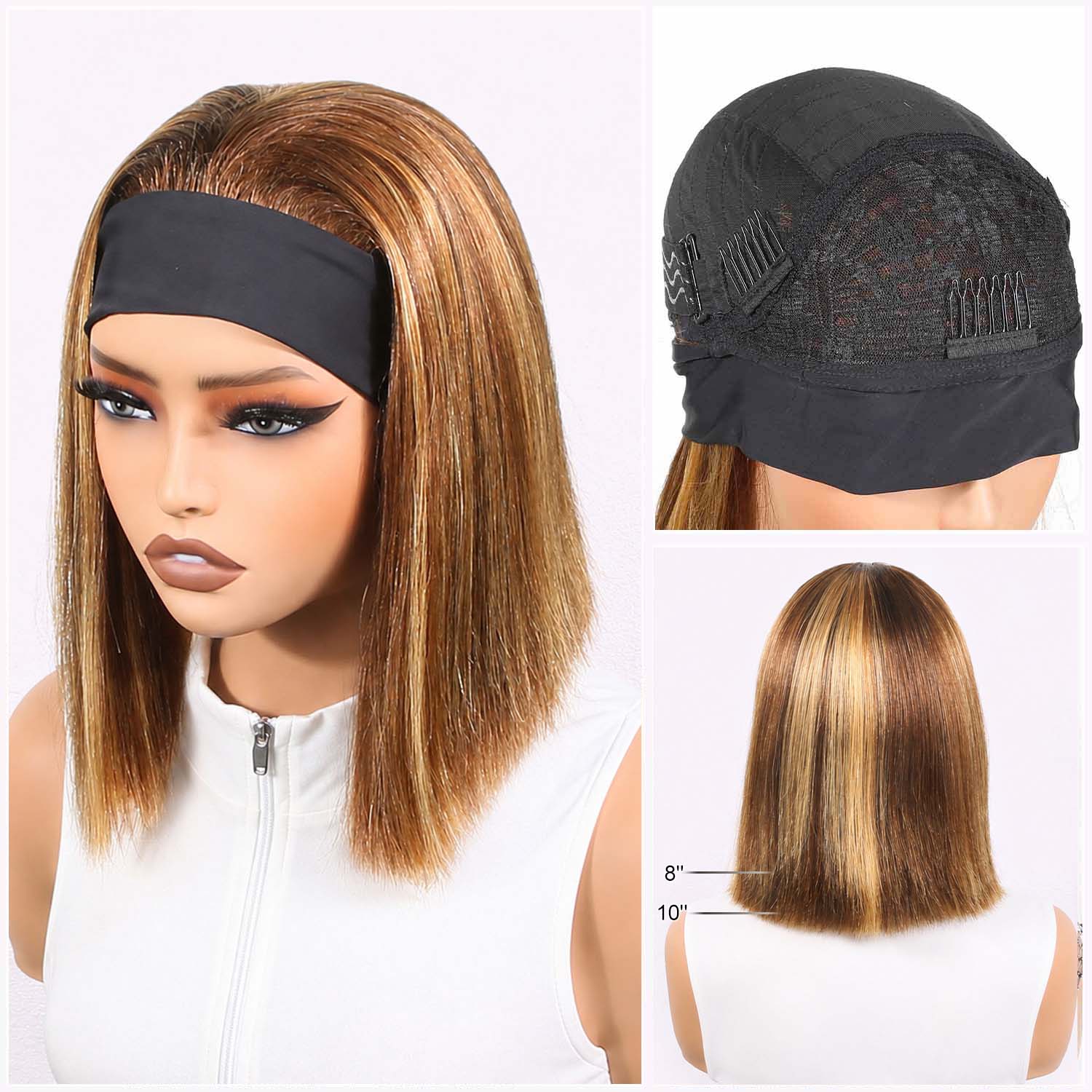 Authris Straight Headband Bob Human Hair Wig | Blonde Highlights