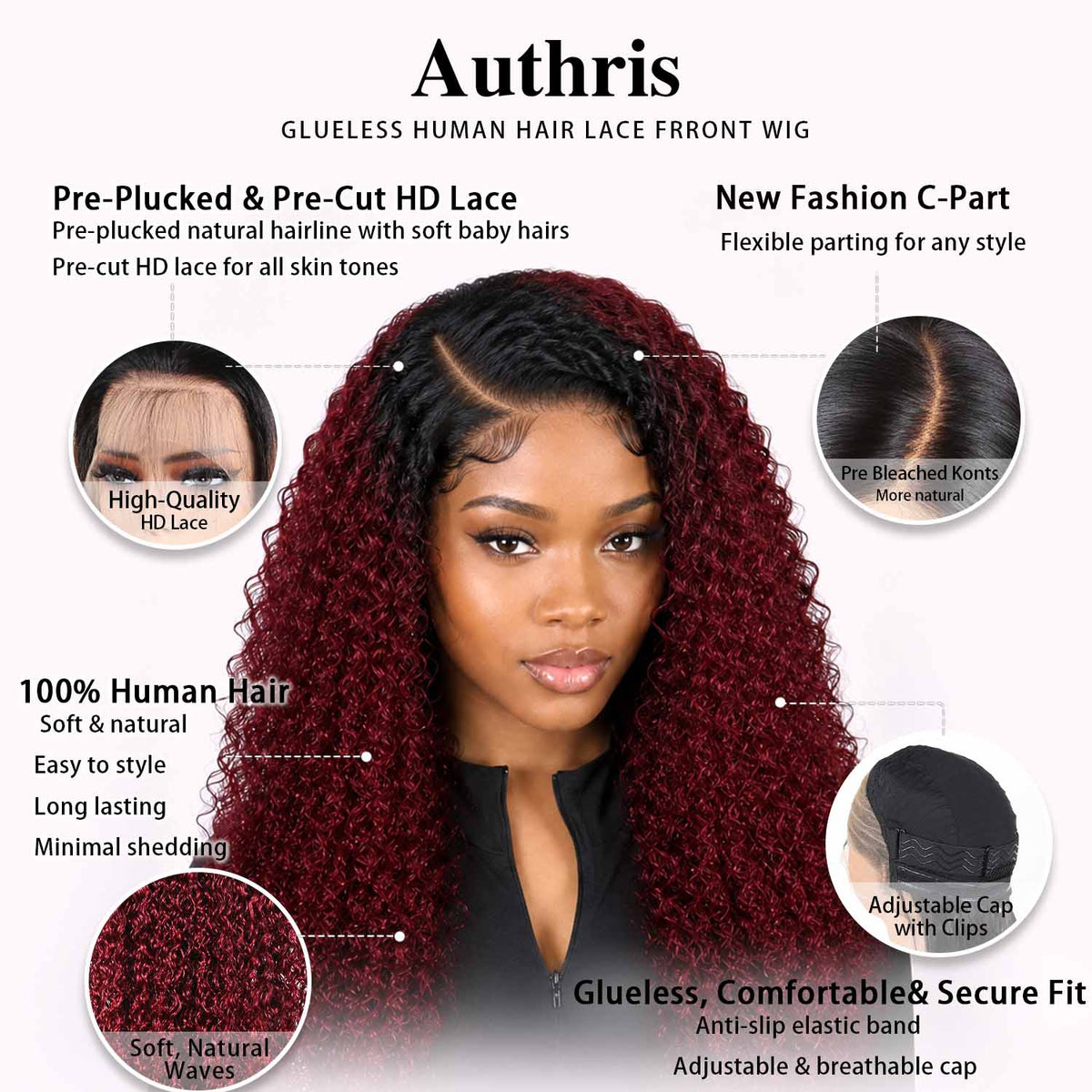 Authris Curly HD Lace Front Human Hair Wig | Burgundy Ombre product photo 5