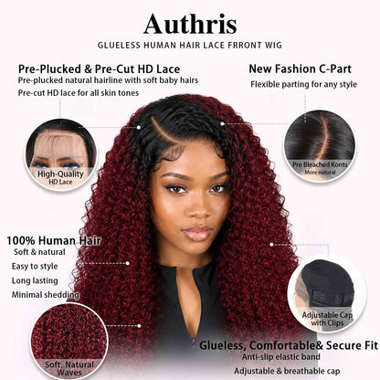 Authris Curly HD Lace Front Human Hair Wig | Burgundy Ombre product photo 5