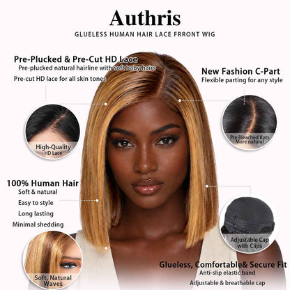 Authris Straight Bob Human Hair Wig | Blonde Highlights