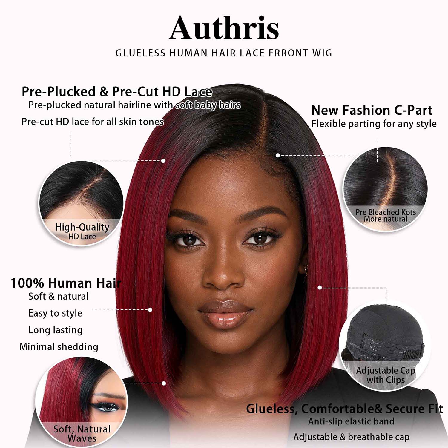 Authris Straight Bob Human Hair Wig | Burgundy Ombre