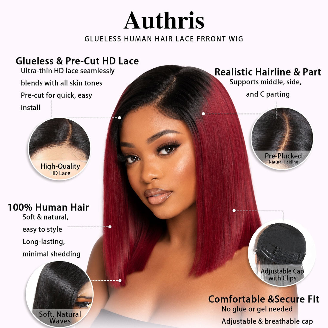 Authris Straight Bob Human Hair Wig | Burgundy Ombre