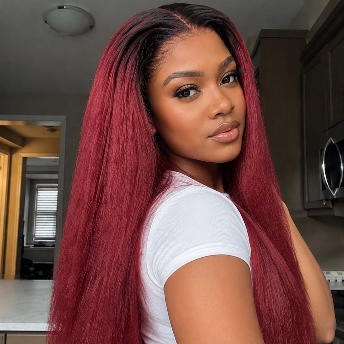 Authris Kinky Straight HD Lace Front Human Hair Wig | Burgundy Ombre