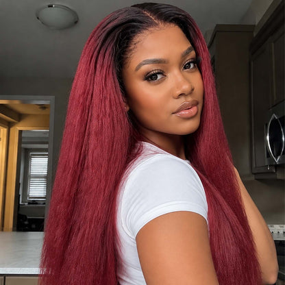 Authris Kinky Straight HD Lace Front Human Hair Wig | Burgundy Ombre