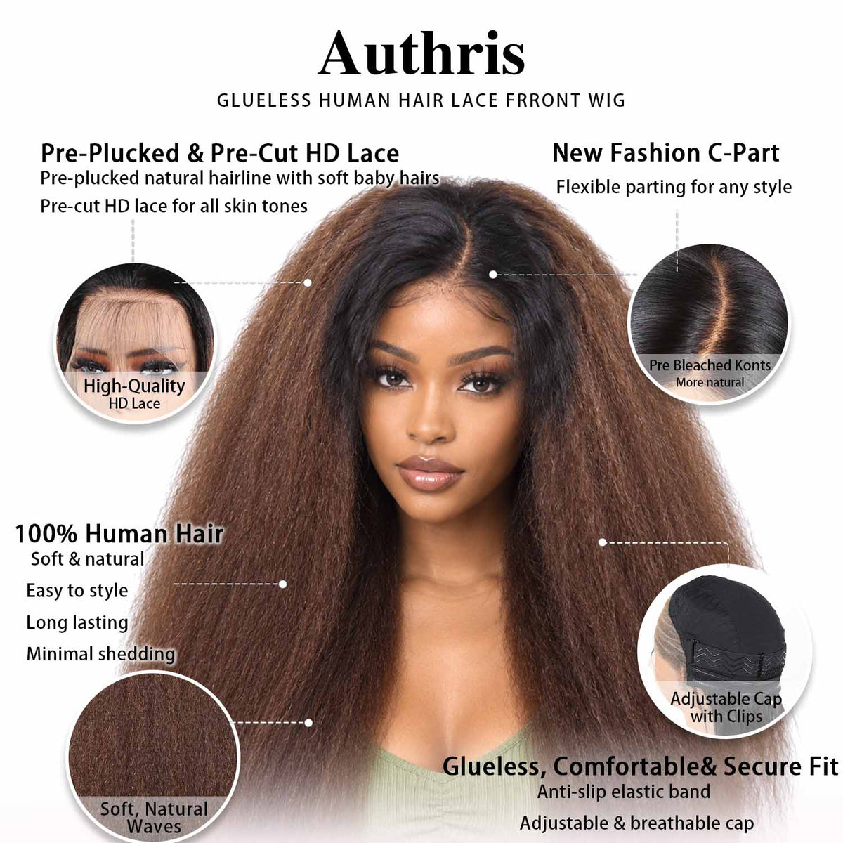 Authris Kinky Straight HD Lace Front Human Hair Wig | Chocolate Ombre