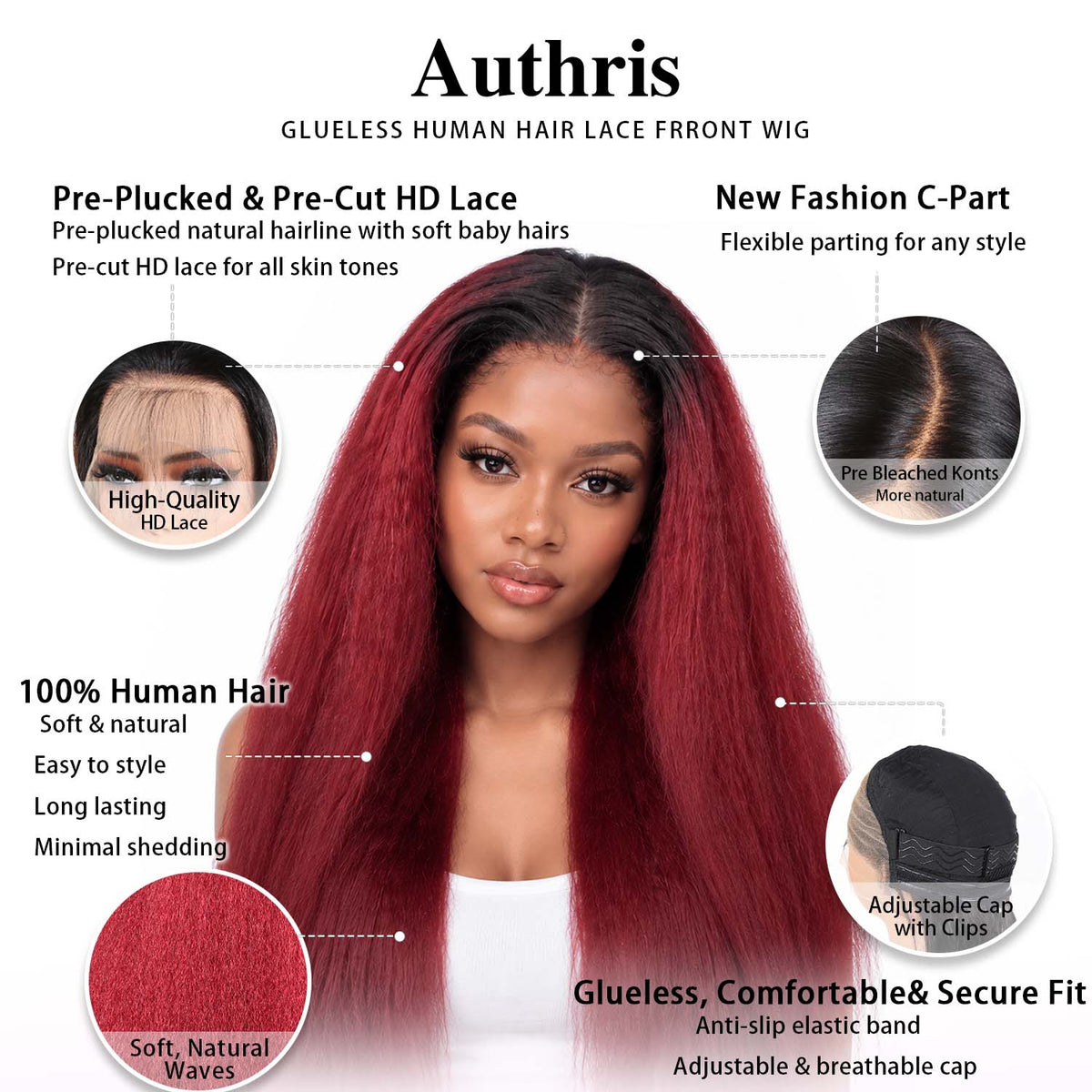 Authris Kinky Straight HD Lace Front Human Hair Wig | Burgundy Ombre