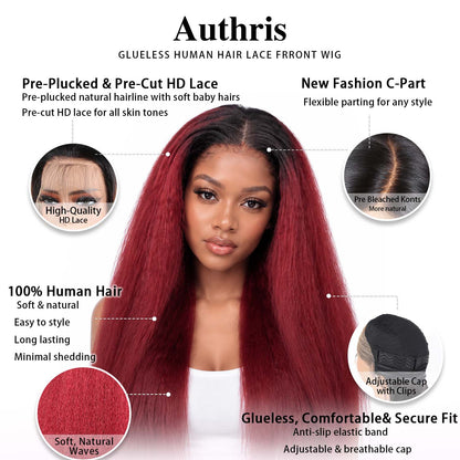 Authris Kinky Straight HD Lace Front Human Hair Wig | Burgundy Ombre